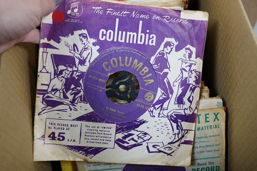 Three boxes of 7 inch singles, all on the Columbia label, artists include; Cliff Richard and the Drifters, the Tarriers, Benny Goodman, Doris Day, Eddie Calvert, The Animals, the Shadows, Kathy Kirby, Hank Marvin, The Ba